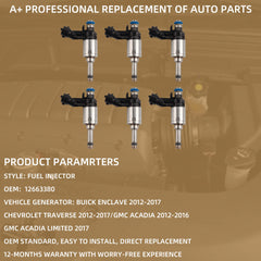 6pcs 12663380 Fuel injectors Compatible With Buick Enclave 3.6L 2012-2017/Chevrolet Traverse 3.6L 2012-2017/GMC Acadia 3.6L 2012-2016/Acadia Limited 3.6L 2017 6 Holes