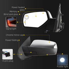 Left Driver Side Mirror Compatible with 2014-2018 Chevy Silverado GMC Sierra w/Puddle Light/Signal Light/Heated/Power Adjustment/Power Folding/Memory Chrome Cap Replace#22889519(14pins)