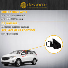 Left Driver Side Mirror Compatible With 2018-2023 Chevy Equinox GMC Terrain with Power Heated Glass/Manual Folding/Blind Spot Light Replace# 84225386 White Paint Cover (8pin)