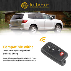 Key Fob Replacement Compatible with Toyota Highlander 2008-2013 Smart Proximity Keyless Entry Remote Control Replaces HYQ14AAB 89904-48110 271451-0140 Board 314.3MHz 4 Buttons (for SUV Only)