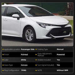 Right Passenger Side Mirror Compatible with Toyota Corolla 2014-2019 Power Glass Heated with Turn Signal Light Door Mirror Assembly Replaces 8791002G10 White 7Pins