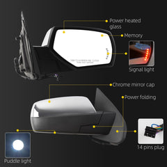 Right Passenger Side Mirror Compatible with 2014-2018 Chevy Silverado GMC Sierra w/Puddle Light/Turn Signal/Heated/Power Adjustment/Power Folding/Memory Chrome Cap Replace#23499472(14pins)