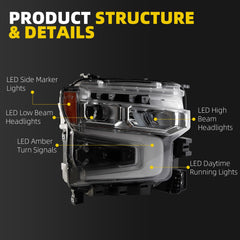 LED Headlight Assembly Right side Compatible With 2022-2026 Chevy Silverado 1500 LT/RST/LT Trail Boss Replaces# 85594432 85594434 Silver Chrome Bezel Amber Turn Signal No Greeting Light