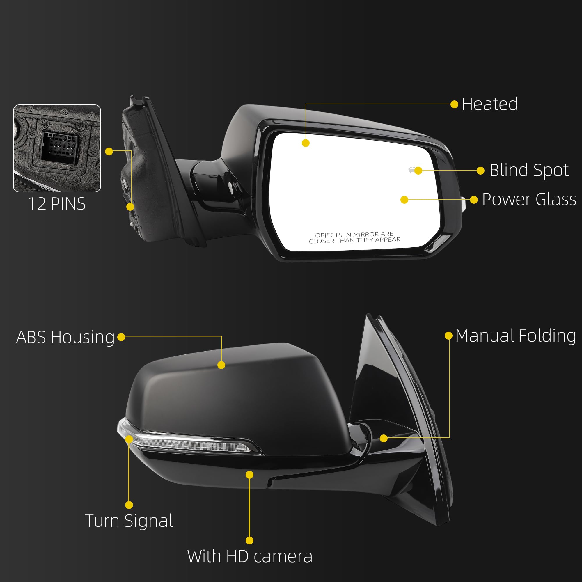Side Rear View Mirror Compatible with 2018-2019 Chevy/Chevrolet Traverse LT Door Rearview Mirror Power Glass Blind Spot Turn Signal with HD Camera Passenger Right 84498311(12pin) - Dasbecan