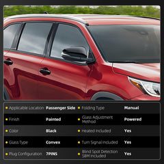 Right Passenger Side Mirror Black Compatible with 2014-2019 Toyota Highlander Heated Manual Fold Power Glass w/Turn Signal Blind Spot Detection# 87910-0E282 TO1321361 (7Pins)