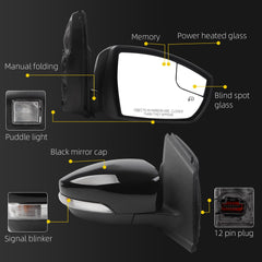 Passenger Right Side Mirror Compatible with 2013-2016 Ford Escape with Memory/Power Heated Glass/Memory/Puddle Light/Signal Light/Manual Folding/Black Replace# FO1321437 (12pins)