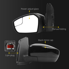 Left Driver Side Mirror Compatible with 2017-2019 Ford Escape with Power Glass, Manual Folding, Non Heated, Black Mirror Cap Replace# FO1320564 GJ5417683BB(3Pins)