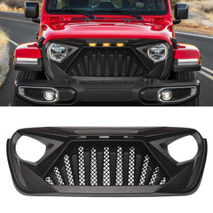 Front Grill Cover Goliath Grille w/Mesh Compatible with 2018-2023 Jeep Wrangler JL & Gladiator JT, Matte Black (w/LED Lights)