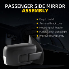 13pins Passenger Side Mirror Assembly Compatible With 2021 2022 2023 2024 Ford F-150 Power Adjustment Heated Puddle Light Blindspot Turn Light Temp Sensor Manual Folding Mirror