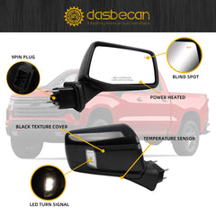 Right Passenger Side Mirror Compatible with 2019-24 Chevy Silverado 1500 With Power Heated Glass/Temp Sensor/LED Turn Signal/Blind Spot Light/Black Cap Replace# GM1321586 (9Pins)