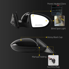 Passenger Right Side Door Mirror Assembly Compatible with 2019-2023 Volkswagen Jetta Mirror Power Heated Glass Manual Folding Blind Spot Light Black Replaces#VW1321182 198074012583(5+2pin)