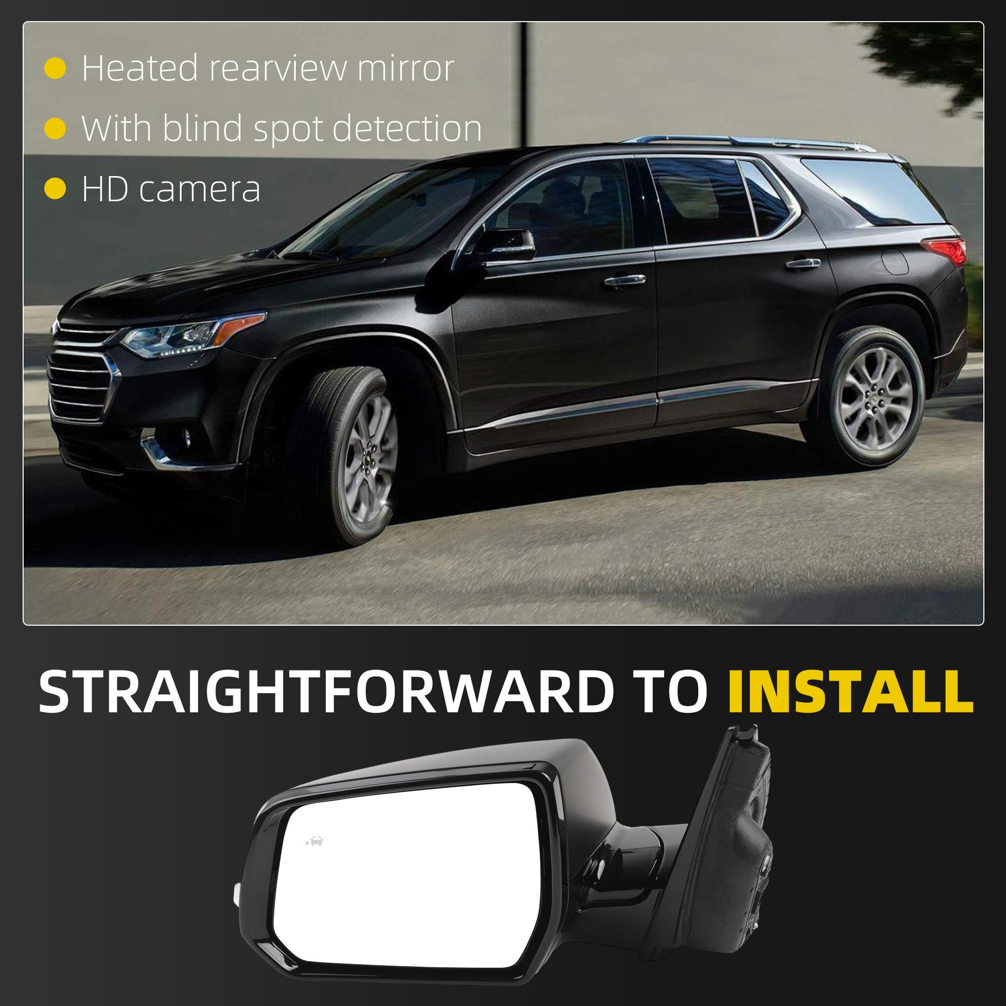 Side Rear View Mirror Compatible with 2018-2019 Chevy/Chevrolet Traverse LT Door Rearview Mirror Power Glass Blind Spot Turn Signal with HD Camera Driver Left 84498310(12pin) - Dasbecan