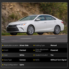 Driver Side Mirror White Compatible with Toyota Camry 2015 2016 2017 Heated Manual Folding Power Glass Left Door Mirror Replaces#TO1320363 (5PINS)