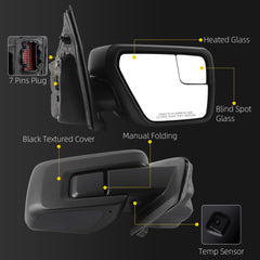 7pins Right Outside Mirror Assembly Compatible With 2021 2022 2023 2024 Ford F-150 Power Adjustment Manual Folding Heated Temp Sensor Matte Black Rearview Mirror