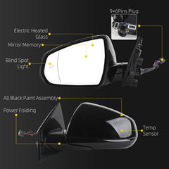 Left Driver Side Mirror Compatible with 2010-2016 Cadillac SRX with Power Heated Glass, Power Folding, Blind Spot Light, Memory, Temp Sensor Replace# GM1320528 22847418 (9+6Pins)