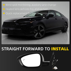 Side Rear View Mirror Black Compatible with 2023-2026 Honda Accord Power Heated Blind Spot Manual Folding HD Glass Lens Driver Left Mirror Assembly Replace#7625830AA11 HO1320356(7pin)