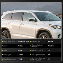 Right Passenger Side Mirror White Compatible with 2014-2019 Toyota Highlander Heated Manual Fold Power Glass w/Turn Signal Blind Spot Detection Door Mirror #87910-0E282 TO1321361(7Pins)