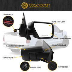 Right Side Mirror Compatible with 2021-2024 Ford F150 with Power Heated Glass, Manual Folding, Blind Spot, Turn Signal, Puddle Light, Temp Sensor, Black Texture Replace# ML3Z17682SA(13 pins)