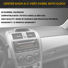 Center Dash A/C Outlet Air Vent Panel with Clock Compatible with Toyota Corolla 2009-2013, AC Vent Trim Cover, Replaces# 55670-02340 5567002340