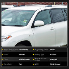 Left Driver Side Mirror Compatible with Toyota Highlander 2008-2013 Power Glass Manual Folding Non-Heated Replaces 8794048291 TO1320245 White 3Pins