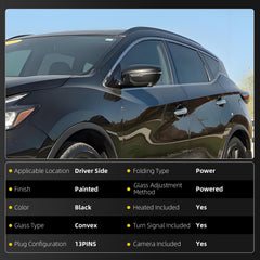 Driver Side Mirror Black Compatible with 2015-2024 Nissan Murano | Heated Power Folding Power Glass With Turn Signal Light Camera Left Rear View Mirror Replaces NI1320288 96374-4BA0A 13Pins