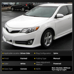 Driver Side Mirror Compatible with 2012-2014 toyota camry Non-Heated Left Side View Door Mirror Assembly White Replaces# TO1320275 8790906400 8790906401 3Pins