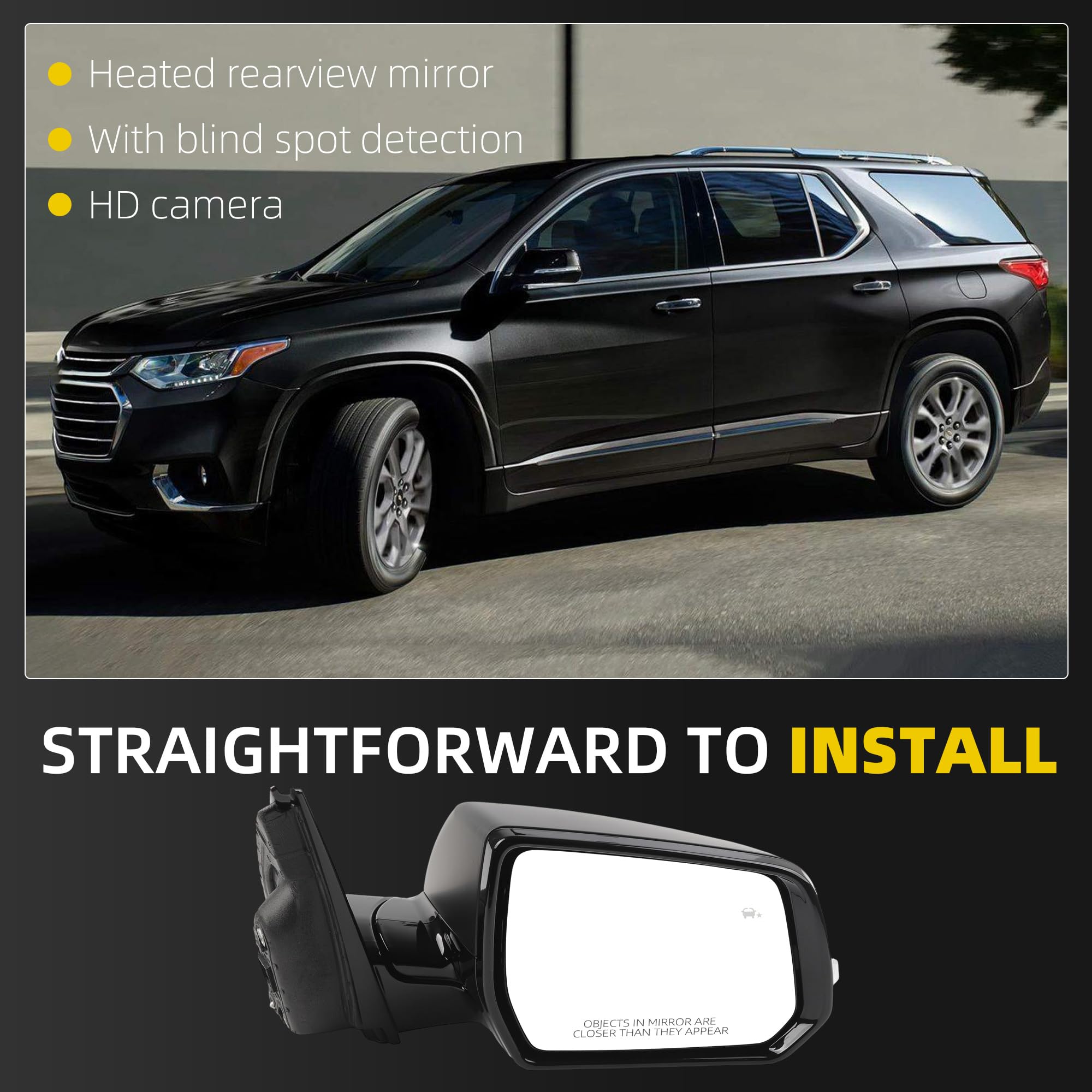 Side Rear View Mirror Compatible with 2018-2019 Chevy/Chevrolet Traverse LT Door Rearview Mirror Power Glass Blind Spot Turn Signal with HD Camera Passenger Right 84498311(12pin) - Dasbecan