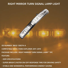 Right Mirror Turn Signal Light Lamp Compatible with Ford Explorer 2011-2019 Passenager Side Led Indicator Lights Replaces# BB5Z-13B374-A BB5Z13B374A