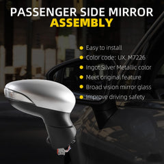 Right Passenger Side Mirror Compatible with 2009-2017 Ford Fiesta with Power Heated Glass, Turn Signal, Manual Folding, Silver Cap Replace#FO1321458 FO1321459 (6Pins)