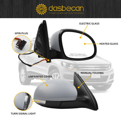 Right Side Door Mirror Compatible with 2009-2017 Volkswagen Tiguan Passenger Side Mirror with Electric Heated Glass Turn Signal Manual Folding VW1321131 5N1857508Q9B9 Unpainted Cover (6 Pins)