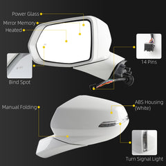 Rear View Mirror Assembly Compatible with Chevy Chevrolet Blazer 2019-2025 Manual Folding Heated Power Glass Blind Spot Turn Signal Light Replace 84698493 Left Driver Side White(14Pins)