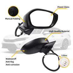 Passenger Right Side Mirror Compatible with 2022-2025 Honda Civic With Power Glass, Manual Folding, Match to Platinum White Pearl Replaces# HO1320350 76208T20A01 (3Pins)