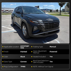 Right Side Mirror Compatible with 2022-2024 Hyundai Tucson 7pin | Power Glass Heated Blind Spot Manual Folding Right Door Rear View Black Replace# 87610-CW100 87620CW070, HY1321336