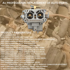 15003-2766 Carburetor Carb with Repair Kit Compatible with Kawasaki Mule 3000 3010 3020 2001-2008 Trans 4x4 Carb kit