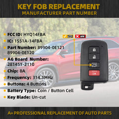 Key Fob Replacement Compatible with Toyota Highlander 2014-2019 Smart Proximity Keyless Entry Remote Control Replaces HYQ14FBA 89904-0E121 4 Buttons