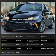 Driver Side Mirror Black Compatible with Toyota Camry 2015 2016 2017 Heated Manual Folding Power Glass Left Door Mirror Replaces#TO1320320 (5PINS)