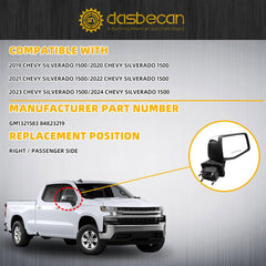 Dasbecan Passenger Side Mirror Compatible with 2019-2024 Chevy Silverado 1500 Right Mirror with Power Heated/Temp Sensor/Manual Folding Chrome Replace#GM1321583 84823219 (7 Pins)