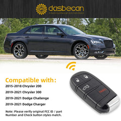 Key Fob Keyless Entry Compatible with Chrysler 200 2015-2018 Chrysler 300 Dodge Challenger Charger 2019-2021 Smart Remote Control 68155686AB M3M-40821302 4A Chip 4 Buttons