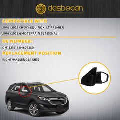 Right Side Mirror Compatible With 2018-2023 Chevy Equinox GMC Terrain with Power Heated Glass/Manual Folding/Memory/Blind Spot Light/Turn Signal Replace# GM1321618 Chrome Paint Cover (12pin)