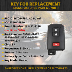 Key Fob Replacement Compatible with Toyota Highlander 2017-2019 Land Cruiser 4Runner 2020-2021 Tacoma 2015-2021 Sequoia Tundra 2019-2021 Replaces HYQ14FBA 281451-2110 3 Buttons