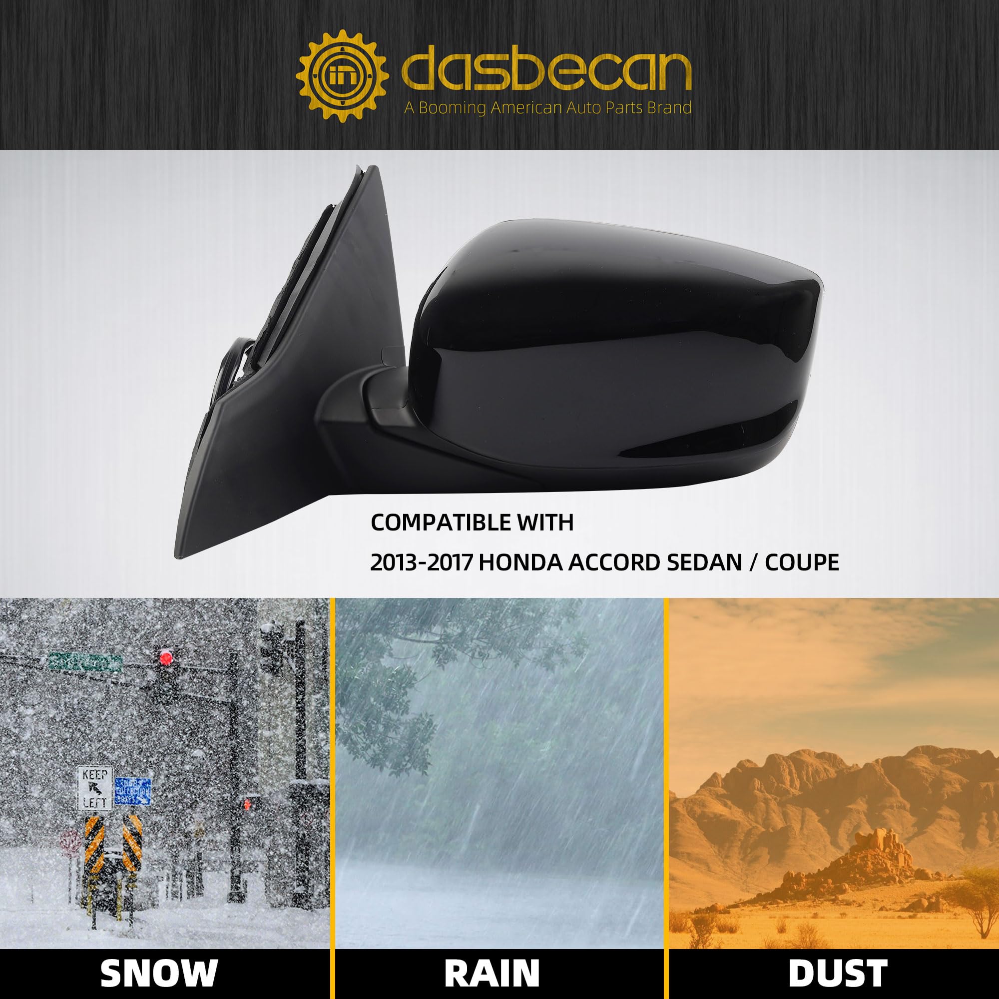 Driver Left Side Mirror Compatible with 2013-2017 Honda Accord With Power Glass Replaces# 76258T2FA11 HO1320272 Outer Rearview Mirror Black Color (3Pins) - Dasbecan