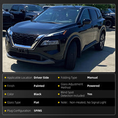 Driver Side Mirror Compatible with Nissan Rogue 2021-2023(5PINS) | Non-heated Manual Fold Power Glass Blind Spot Detection, Textured Black# NI1320332 963026RR0B 963746RR0A