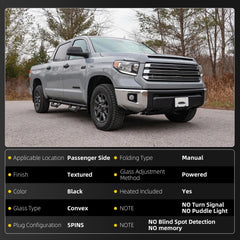 Right Passenger Side Door Mirror Compatible with 2014-2021 Toyota Tundra Without Blind Spot Detection Manual Folding Power Glass Heated Replaces 879100C440 TO1321302 Textured (5pins)