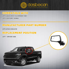 Left Driver Side Mirror Compatible with 19-24 Chevy Silverado 1500, GMC Sierra with Power Heated Glass/Blind Spot Mirror/Manual Folding/Glossy Black Cover Replace#GM1320583 84823218(5 Pins)