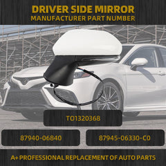 Left Driver Side Power Mirror – Manual Folding – White – For Toyota Camry 2018-2024