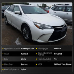 Passenger Side Mirror White Compatible with Toyota Camry 2015 2016 2017 Heated Manual Folding Power Glass Right Door Mirror Replaces#TO1321363(5PINS)