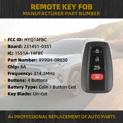 Key Fob Replacement Compatible with Toyota RAV4 2019 2020 2021 Smart Proximity Keyless Entry Remote Control Replaces HYQ14FBC 8990H-0R030 231451-0351 G Board 314.3MHz 4 Buttons