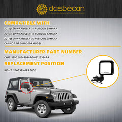 Right Passenger Side Mirror Compatible with 2015 2016 2017 Jeep Wrangler JK Power Heated Manual Folding Door Mirror ‎Textured Black Replaces#CH1321390 68249846AD 68125584AA (5Pins)