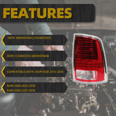LED Tail Lights Assembly Compatible With Dodge Ram 1500 2013-2018 Ram 2500 & 3500 2014-2018 Passenger Side Plug＆Play Replaces# 68093078AC CH2801203