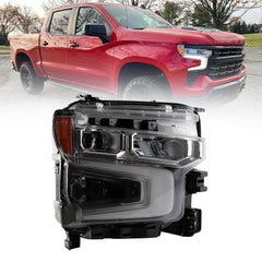 LED Headlight Assembly Right side Compatible With 2022-2026 Chevy Silverado 1500 LT/RST/LT Trail Boss Replaces# 85594432 85594434 Silver Chrome Bezel Amber Turn Signal No Greeting Light
